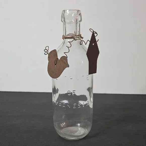 Vintage Medicine Clear Glass Bottle with Brown Metal Tin Tag Charms Bud Vase - Picture 8 of 9